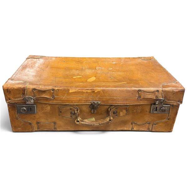 Vintage Brown Leather Suitcase w Metal Latches 28x16x9"