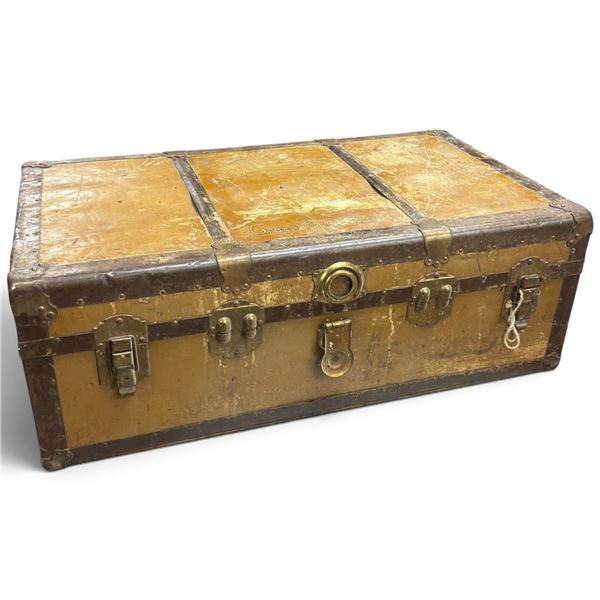 Antique Leather Steamer Trunk, Grace J. Stewart Nameplate, Wood Slats & Hardware, 36.5 x 21 x 13 In.