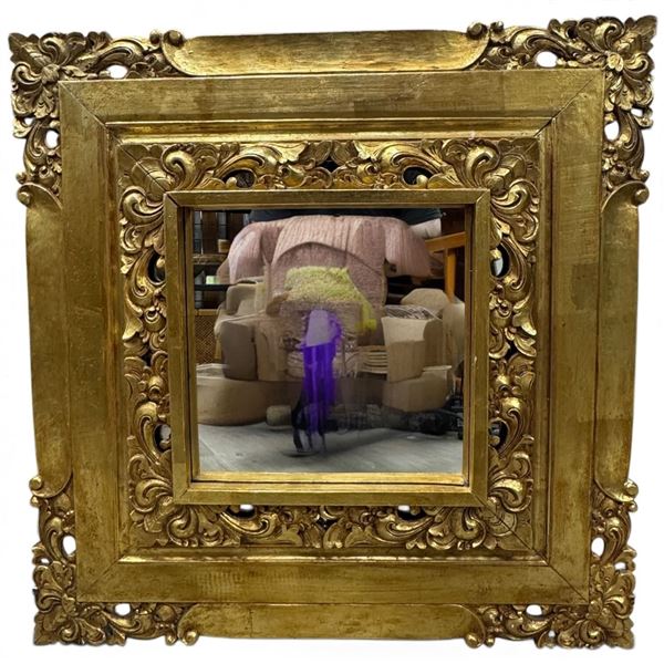 Thai Carved Gilt Wood Wall Mirror, Ornate Openwork Floral Frame, Made in Thailand, 27 X 27 Inches