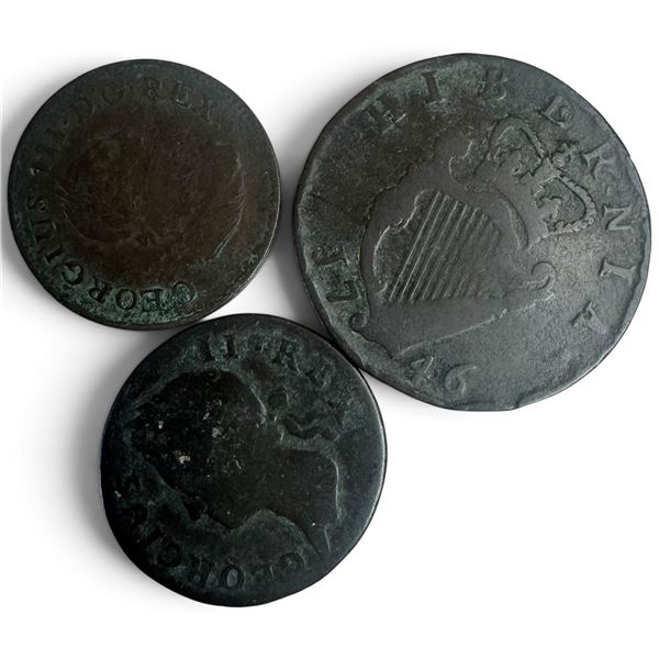 3 Antique Irish Coins  * 1746 Half Penny, 1744 Half Penny, and 1806 Farthing