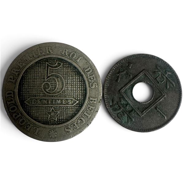 1863 Hong Kong 1 Mil Coin & 1861 Belgium 5 Centimes Coin