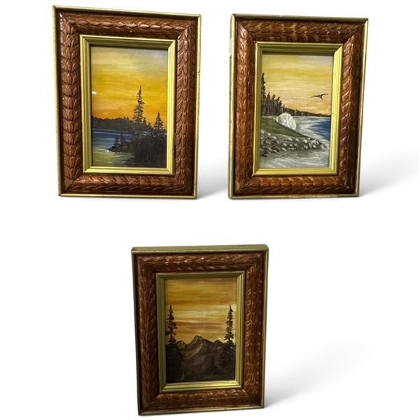 Set of 3 Framed Landscape Paintings w Carved Wooden Frames 6.5x9.5"