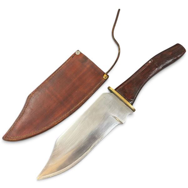 Handcrafted Fixed-Blade Bowie Knife with Wooden Handle and Leather Sheath 14" Long