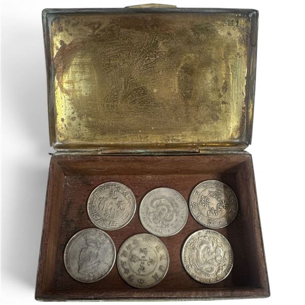 Lovely Engraved Brass Box with 6 Chinese Coins (Coins are not authenticated)