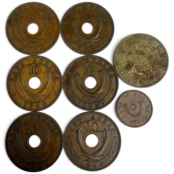 8 Vintage African Coins (1 Uganda, 1 Kenya, and 6 East Africa 10¢)