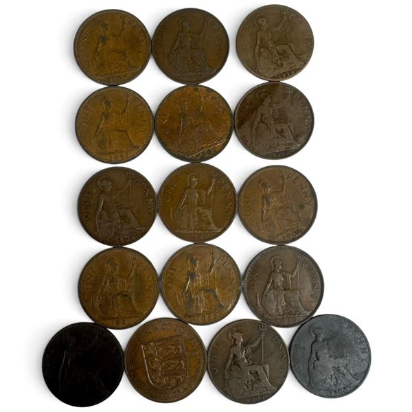 16 Vintage British Large One Penny Coins - Dates range from 1900 to 1965