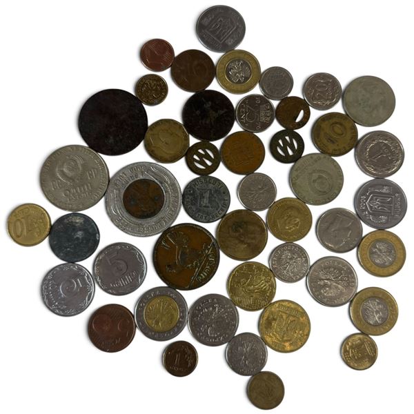 198-Gram Assorted World Coin & Token Group incl. Poland, Ukraine, USSR & Transit Pieces