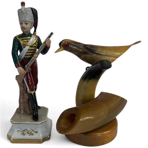 Porcelain "King of Arms" Porcelain Figurine 10.5" tall and Horn Bird Sculpture