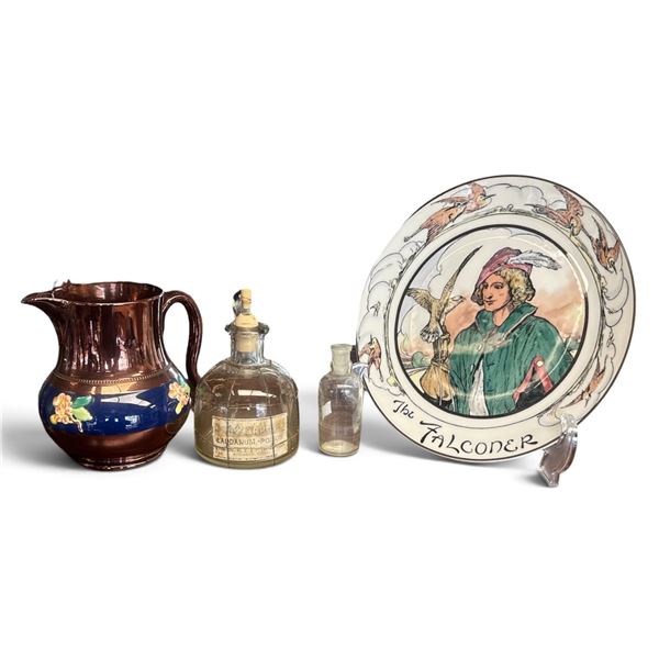 Copper Lustre Pitcher, Laudanum - Poison Glass Bottle, Royal Doulton Falconer Plate