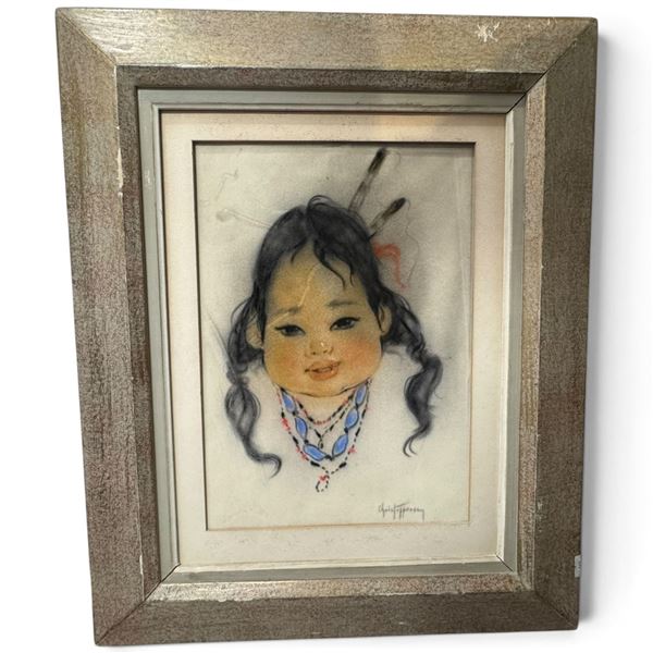 Gerda Christoffersen Original Pastel Indigenous Child Portrait, Framed, 18.1 x 22 Inches, Vintage