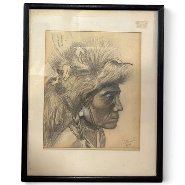 Ron H. Signed Indigenous Man Portrait Drawing, Feather Headdress, 1985, Framed, 11.8 x 14.8 Inches