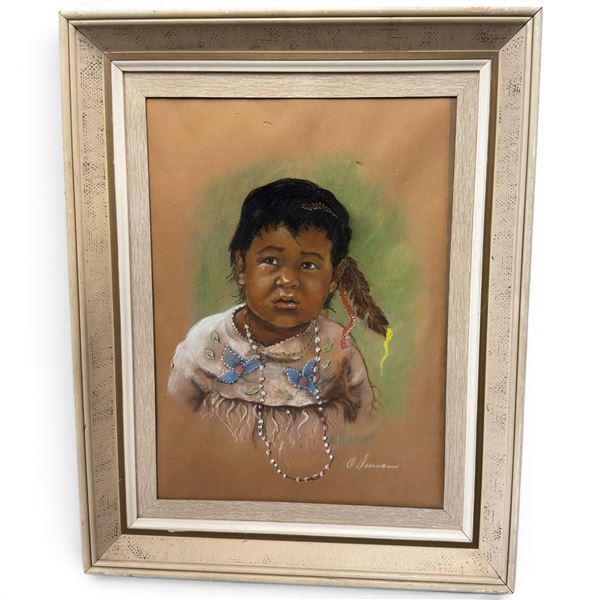 O. Doersam Signed Indigenous Child Portrait, Pastel & Mixed Media, Framed, 22.5 x 28.5 Inches, Art