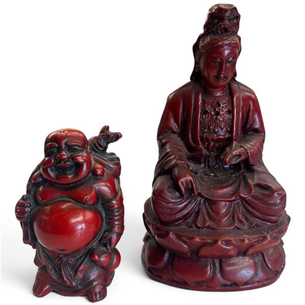 Two Red Resin Figures, Laughing Buddha & Seated on Lotus Base H 6.8" H