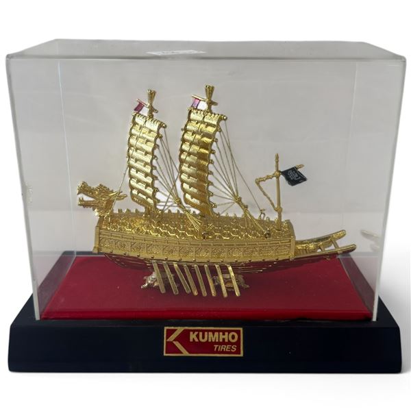 Korean Geobukseon Turtle Ship Model, 24K Gold-Plated, Kumho Tires Presentation, Display Case, 5.5 In