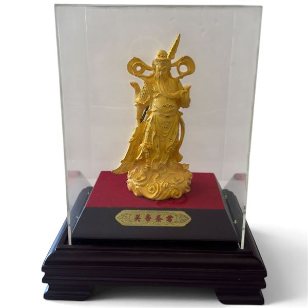 Chinese Guan Gong Guan Yu Warrior Figurine, Gold-Foil Finish, Display Case & Wood Base, Asian Decor