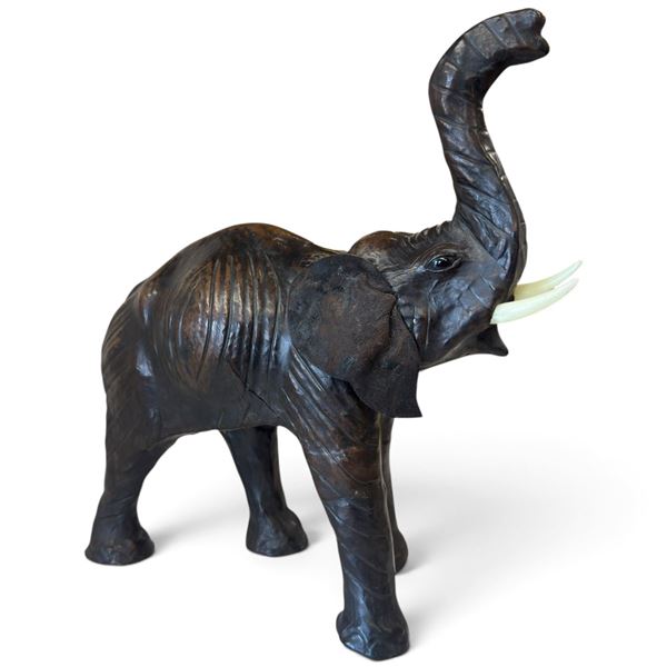 Vintage Leather-Wrapped Elephant Figurine, Raised Trunk, Glass Eyes & Faux Tusks, 13 Inches Tall