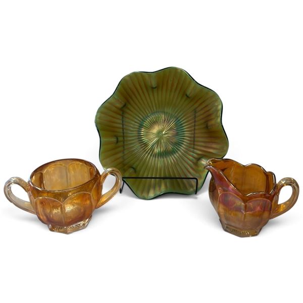 Northwood Marigold Carnival Glass Creamer, Sugar Bowl & Plate Set