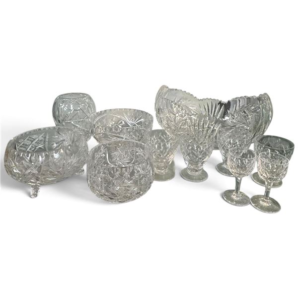 Collection of Crystal Bowls & Goblets w Cut Glass Designs