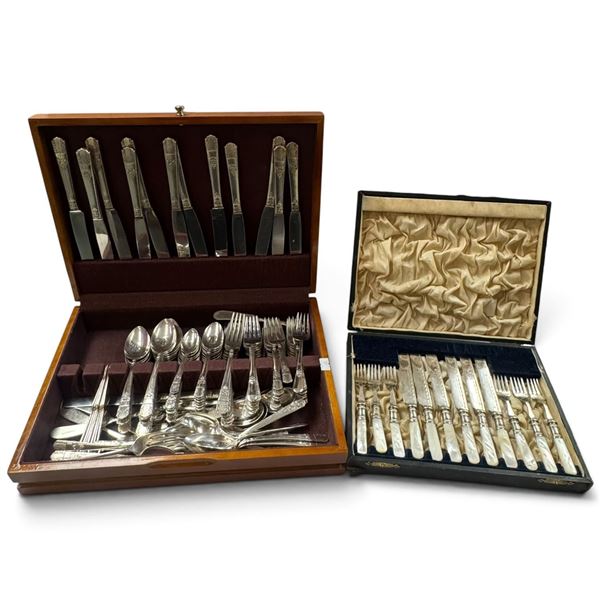 2 Boxed Vintage Flatware Sets, Wm. A. Rogers Oneida Silver Plate & Pearl-Effect Handled Cutlery
