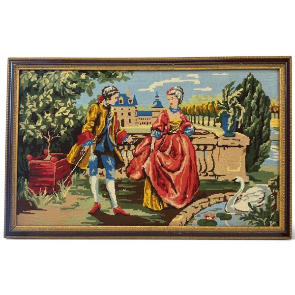Vintage Framed Needlepoint Tapestry, Romantic Garden Courtship Scene with Swan, 43.5 x 21 Inches