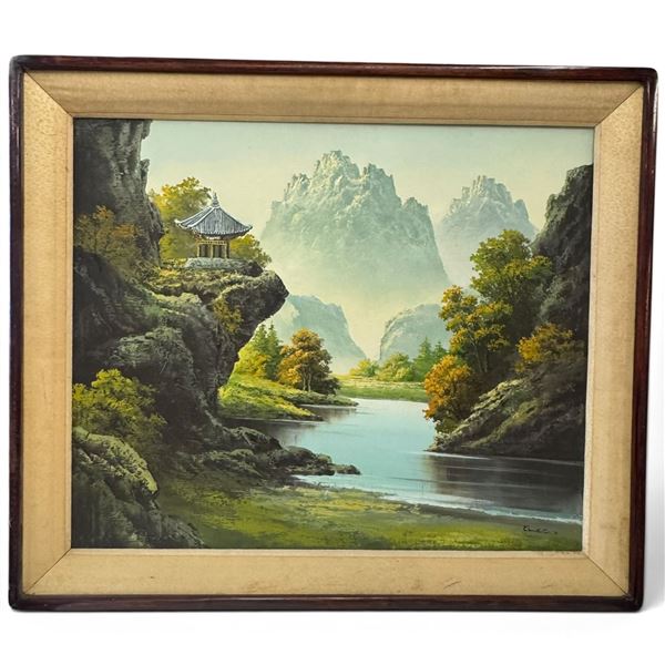 Kim K.S. Signed Asian Mountain Landscape Painting, Pagoda & River Scene, Dated 1974, 33.5 x 28.5 In