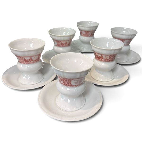 Set of 6 Heinrich German Porcelain Kaffee Cups & Saucers w Red Motif