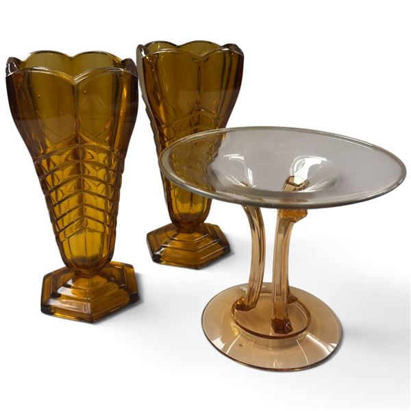 2 Vintage Amber Glass Vases 8.25" Tall & Clear To Amber Glass Compote