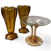 Image 1 : 2 Vintage Amber Glass Vases 8.25" Tall & Clear To Amber Glass Compote