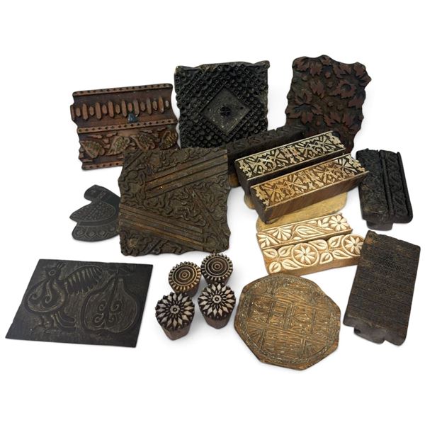 Collection of Carved Wooden Textile Printing Blocks w Geometric & Floral Designs
