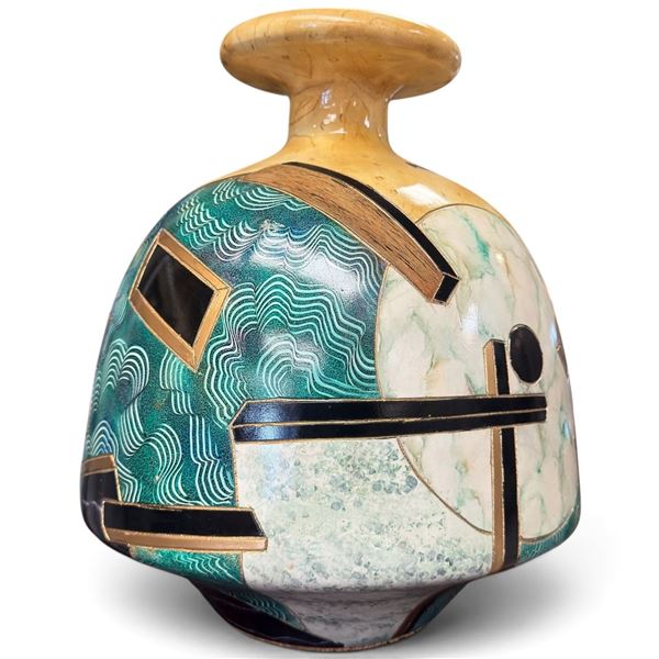 Mid-Century Modern Abstract Ceramic Vase Teal Geometric Design & Studio Pottery 14.5" Tall