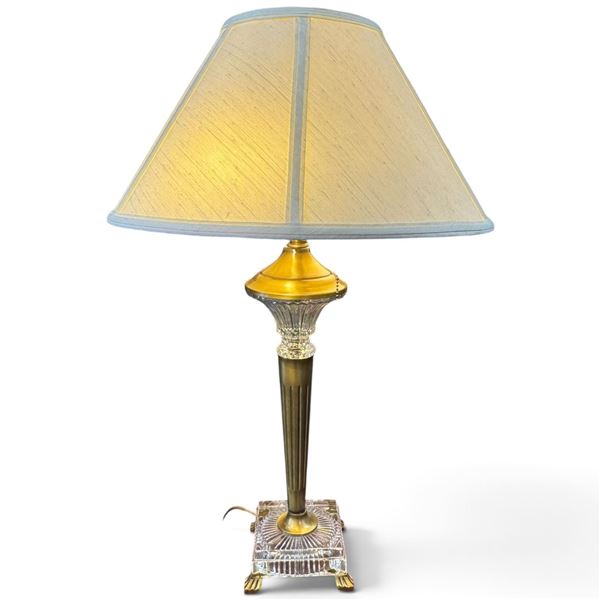 Gold & Bronze Table Lamp with Decorative Glass Base, Double Bulb, Beige Shade