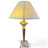 Image 1 : Gold & Bronze Table Lamp with Decorative Glass Base, Double Bulb, Beige Shade