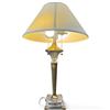 Image 2 : Gold & Bronze Table Lamp with Decorative Glass Base, Double Bulb, Beige Shade