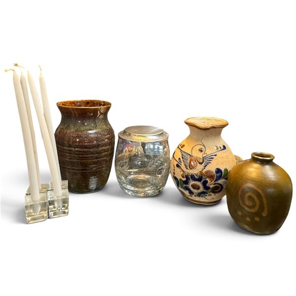 Assorted Decorative Vases & Candles w Glass Candle Holders Tallest Vase is 6.5"