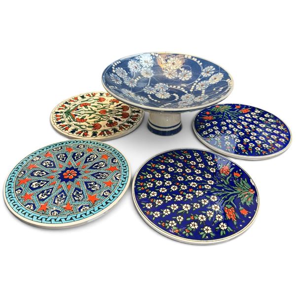 Set of Turkish Ceramic Tiles & Pedestal Bowl with Floral Patterns