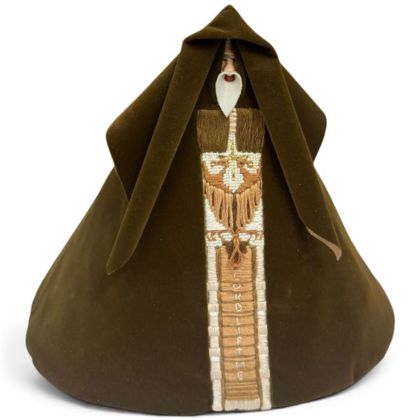 Vintage Fiber Art Hooded Figure Sculpture, Embroidered Cloak with Hidden Nude Figure, 10 Inches Tall