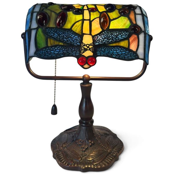 Stained Glass Lamp with Dragonfly and Floral Motif, 12.5 in Height