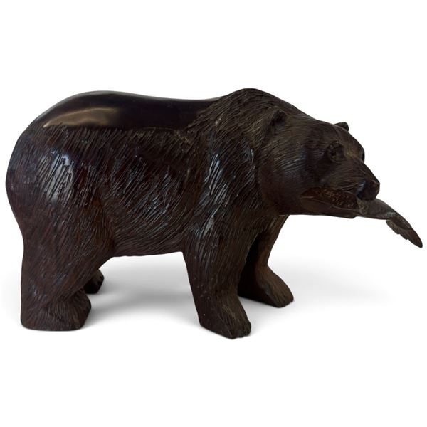 Hand-Carved Wooden Bear Sculpture with Fish, 14x5x9 Inches