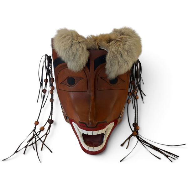 Unsigned First Nations Style Handcrafted Wooden Mask with Fur & Bead Accents