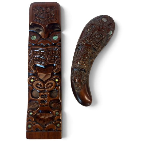 Traditional Maori Wood Carvings with Paua Inlay, Rotorua, NZ, Panel 16x4 in