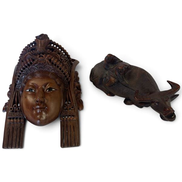 Balinese Carved Hardwood Female Mask & Water Buffalo Figure With Riders, Indonesian Folk Art, 2 Pc