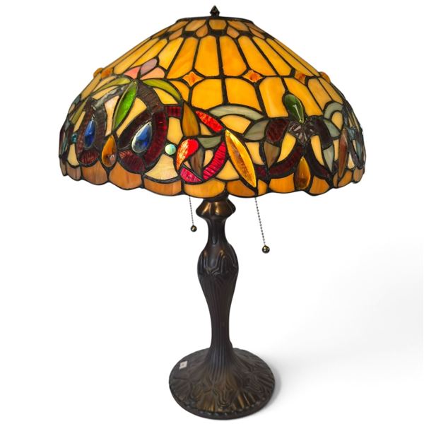 Tiffany-Style Stained Glass Table Lamp, Fruit Motif Dome Shade, Dual Pull-Chain Lights, 22 In. Tall.