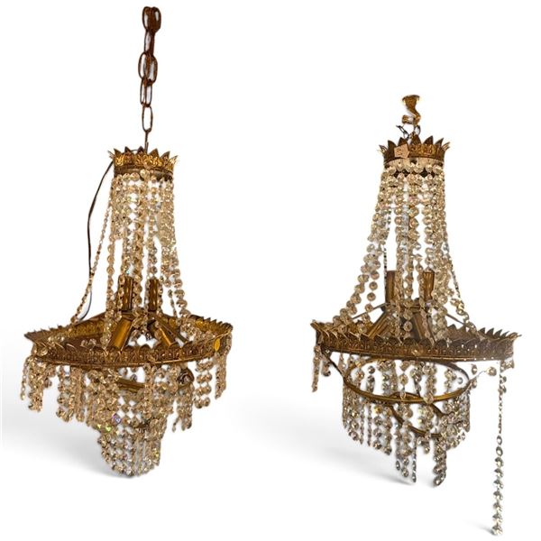 Pair Brass & Crystal Chandeliers with Cascading Prisms, Restoration Project, 21 x 12 In., Parts Bags
