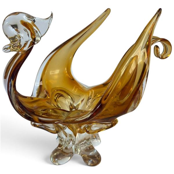 Amber & Clear Glass Murano Style Bird Sculpture, 14.5x9.5x11 Inches