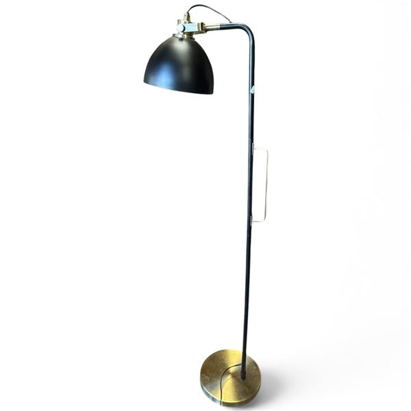 Mid-Century Style Black & Brass Floor Lamp, Adjustable Dome Shade & Arm, Circular Base, 59 In. Tall