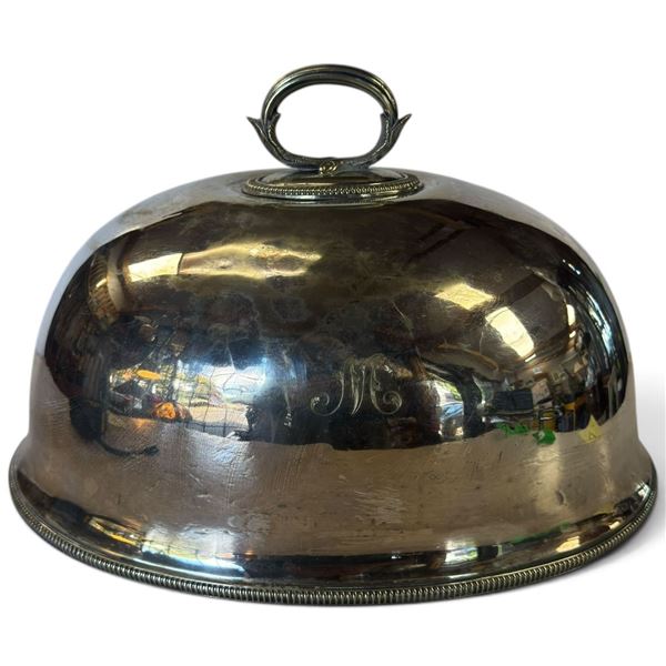 Antique Silver Plated Meat Cloche (Domed Food Cover) Pre-1895 w Monogram 'M' (14x10x8.5")