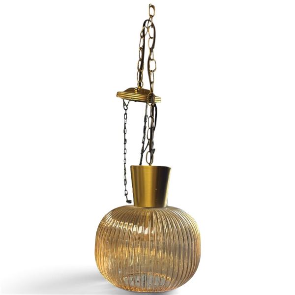 Vintage Amber Ribbed Glass Swag Pendant Light, Brass-Tone Fittings & Chain, 12 x 10" Hanging Lamp