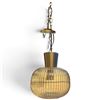 Image 3 : Vintage Amber Ribbed Glass Swag Pendant Light, Brass-Tone Fittings & Chain, 12 x 10" Hanging Lamp