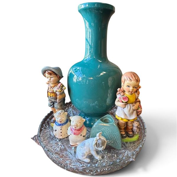 Collection of Ceramic Figurines & Glass Dish w Blue Glaze Vase H 15" H