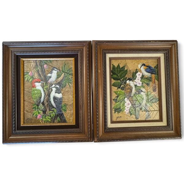 Pair Gris Signed Mid-Century Oil Paintings on Tobacco Leaves, Tropical Birds Framed MCM Artworks Set